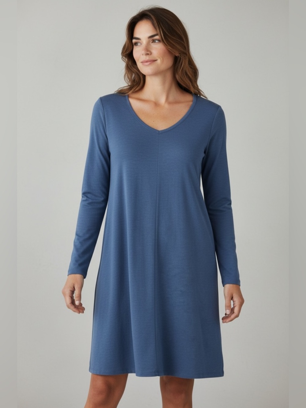 Pure Jill Heather Blue Pima Cotton Modal Shift Dress V-Neck Stretch